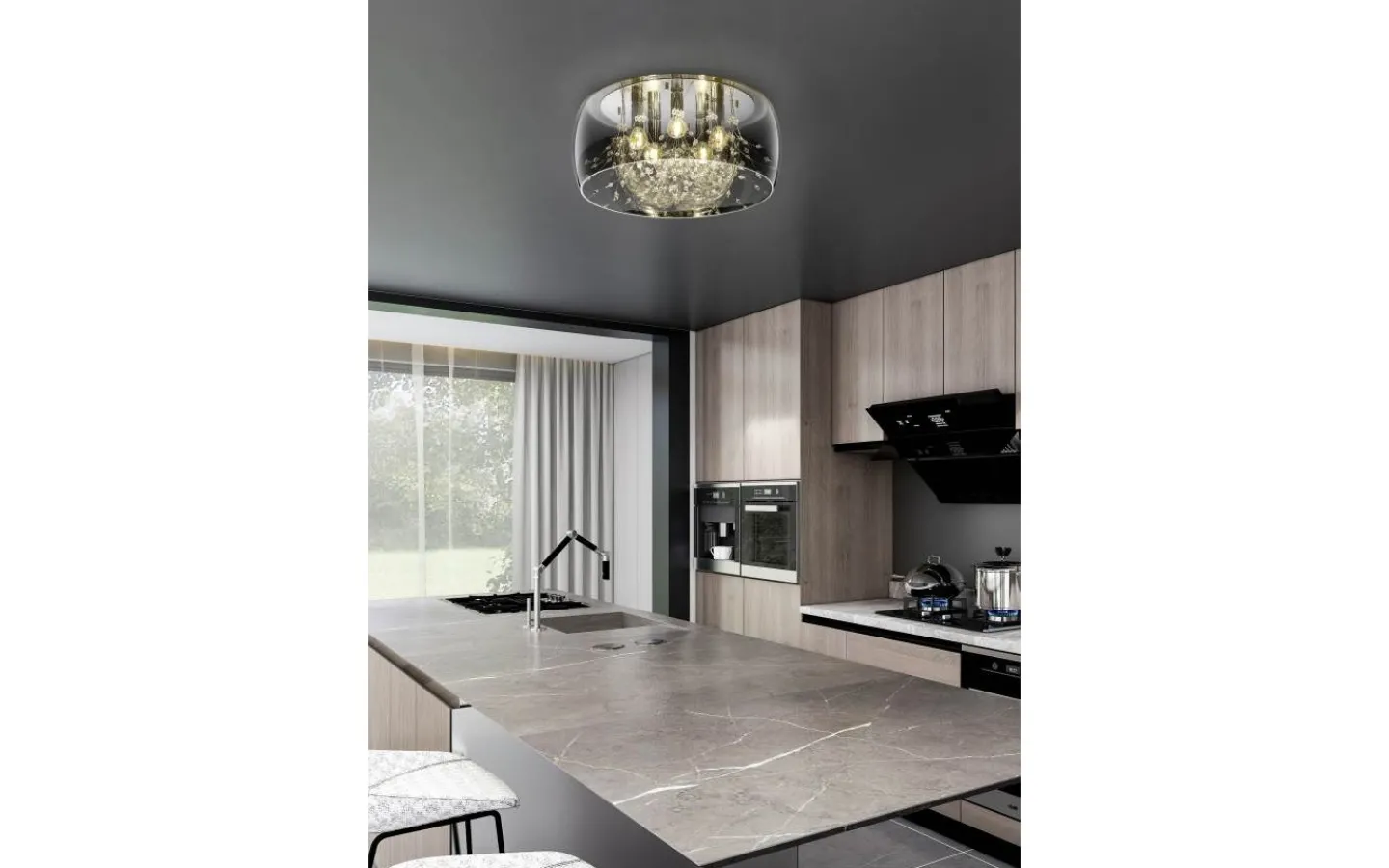 Plafonder < Trio Lighting Crystal Plafond 50cm 5xE14 krom/rökfärgat glas