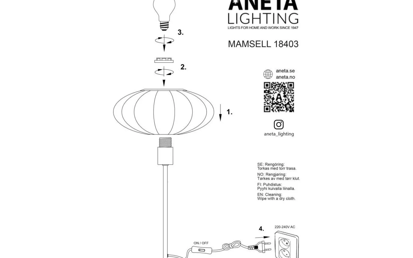 Bordslampor-Aneta Mamsell Bordslampa 45cm Krom/Vit