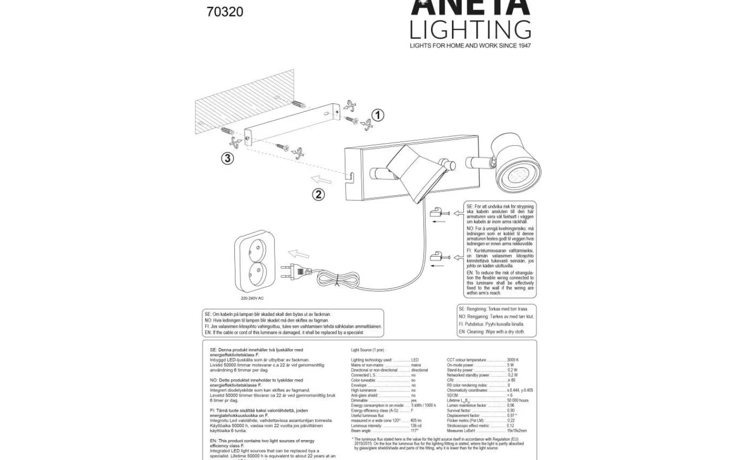 Läslampor < Aneta Pluto Vägglampa Dubbel LED 2x5W 3000K Vit