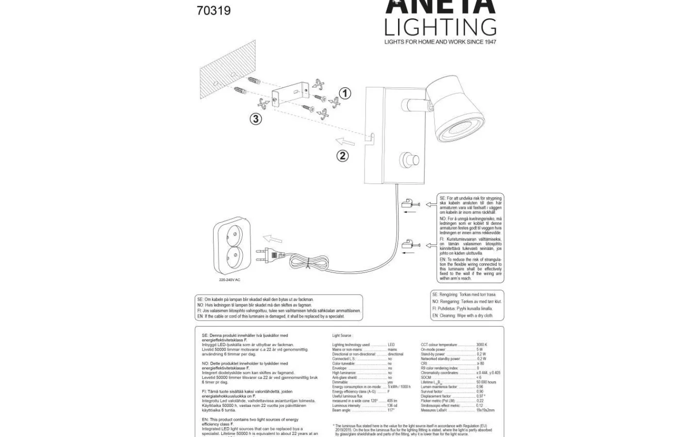 Läslampor < Aneta Pluto Vägglampa LED 5W 3000K Svart