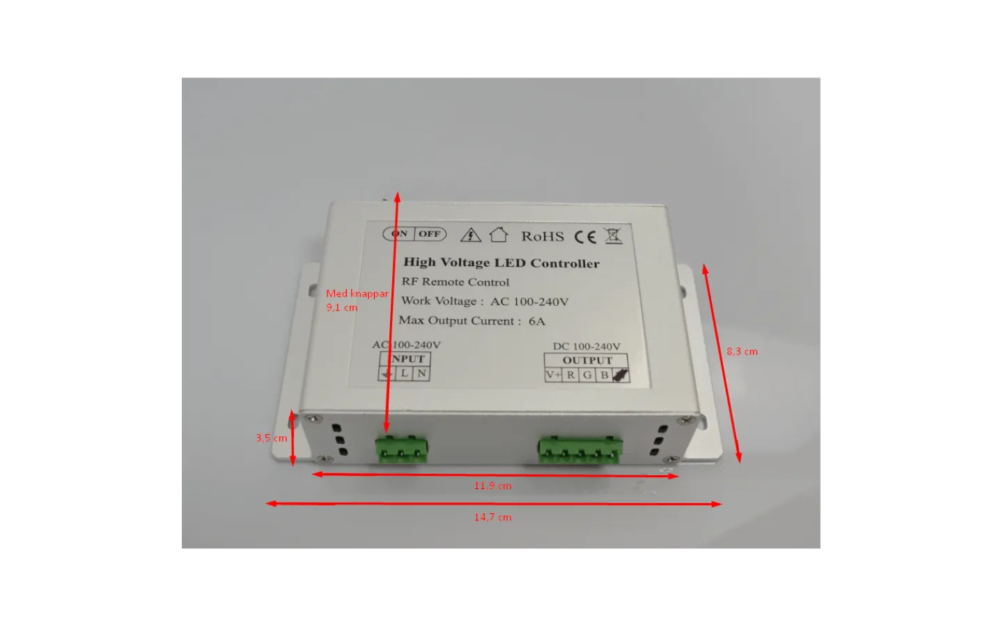 230V Led Slinga|230V Led Slinga < TeraLite LED RGB kontroller med RF-fjärr för 230V RGB Led strip Vit