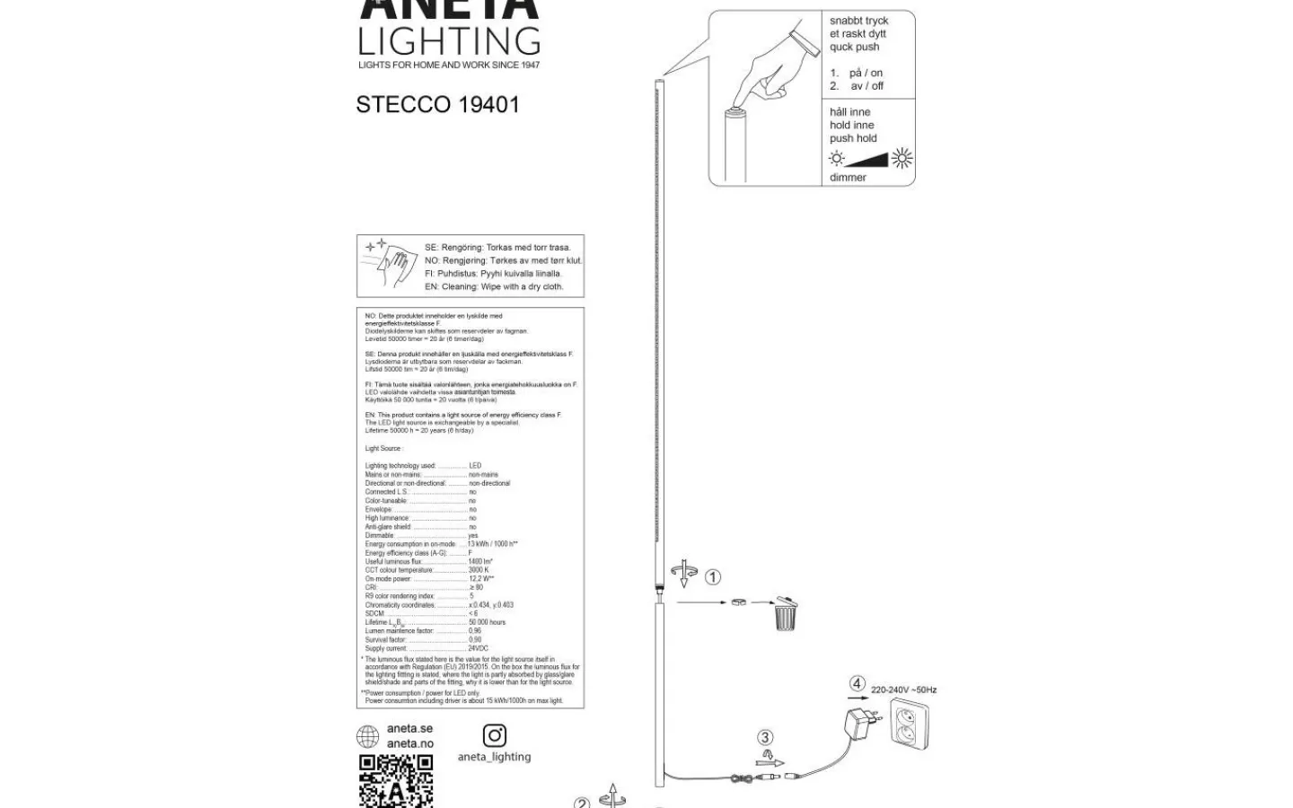 Golvlampor < Aneta Stecco Golvlampa 160cm LED 12W 3000K Svart