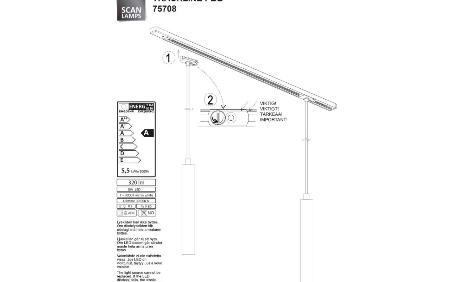 Skensystem < Aneta Trackline Peg Pendel 4cm LED 5W 3000K Stål